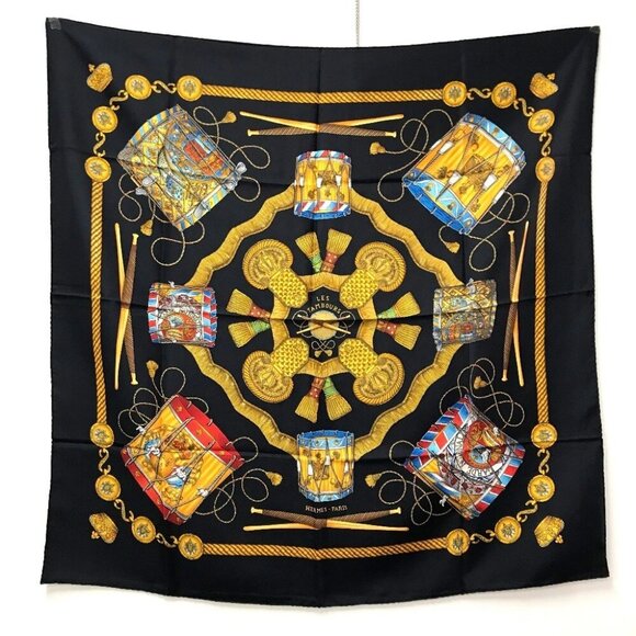 HERMES LES TAMBOURS Tambour drums Carre90 Scarf silk Black/Multicolore - Picture 1 of 14